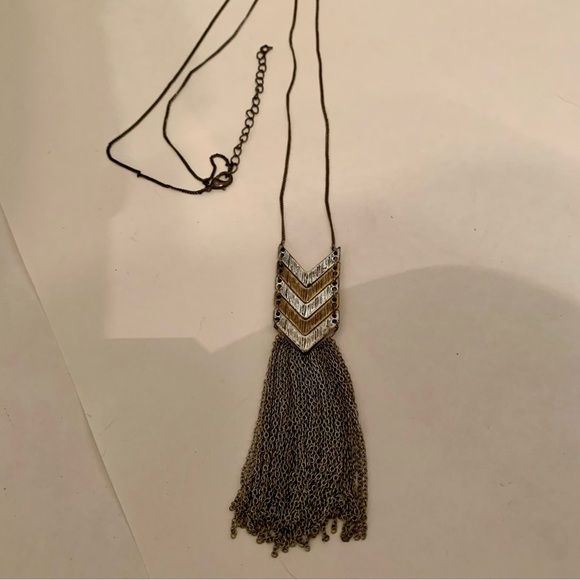 Chevron Pendant Necklace with Tassels Long Chain - Picture 1 of 5